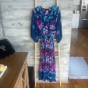 Diane Fries Vintage Maxi Floral Blue and Pink Women's Dress